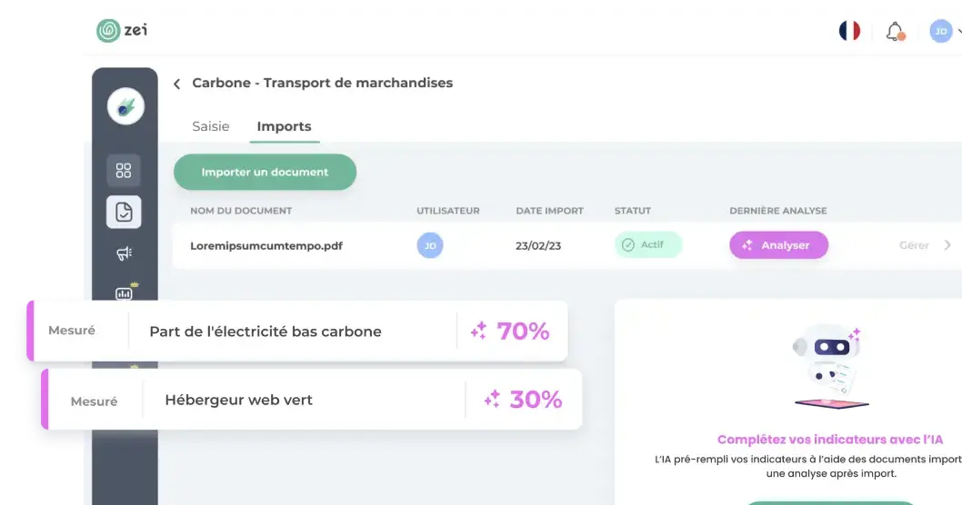 Écran import de données avec Intelligence Artificielle